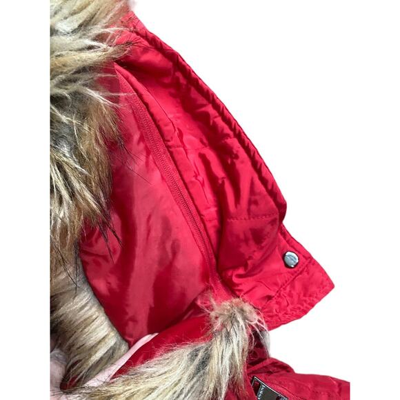 BEBE Red Hooded Puffer Jacket Coat Women L Faux Fur Short Rhinestone - Picture 5 of 16